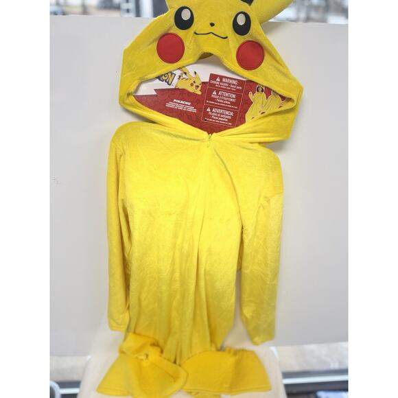 Pokémon Pikachu Costume Kids5-6 Hooded Jumpsuit & Tail ShoeCover Disguise Unisex - Picture 3 of 7